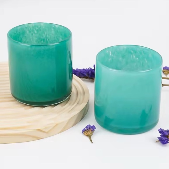 West Elm Handblown Glass Tumblers / Candle Holders – Set of 2 in Blue & Green - Picture 1 of 14
